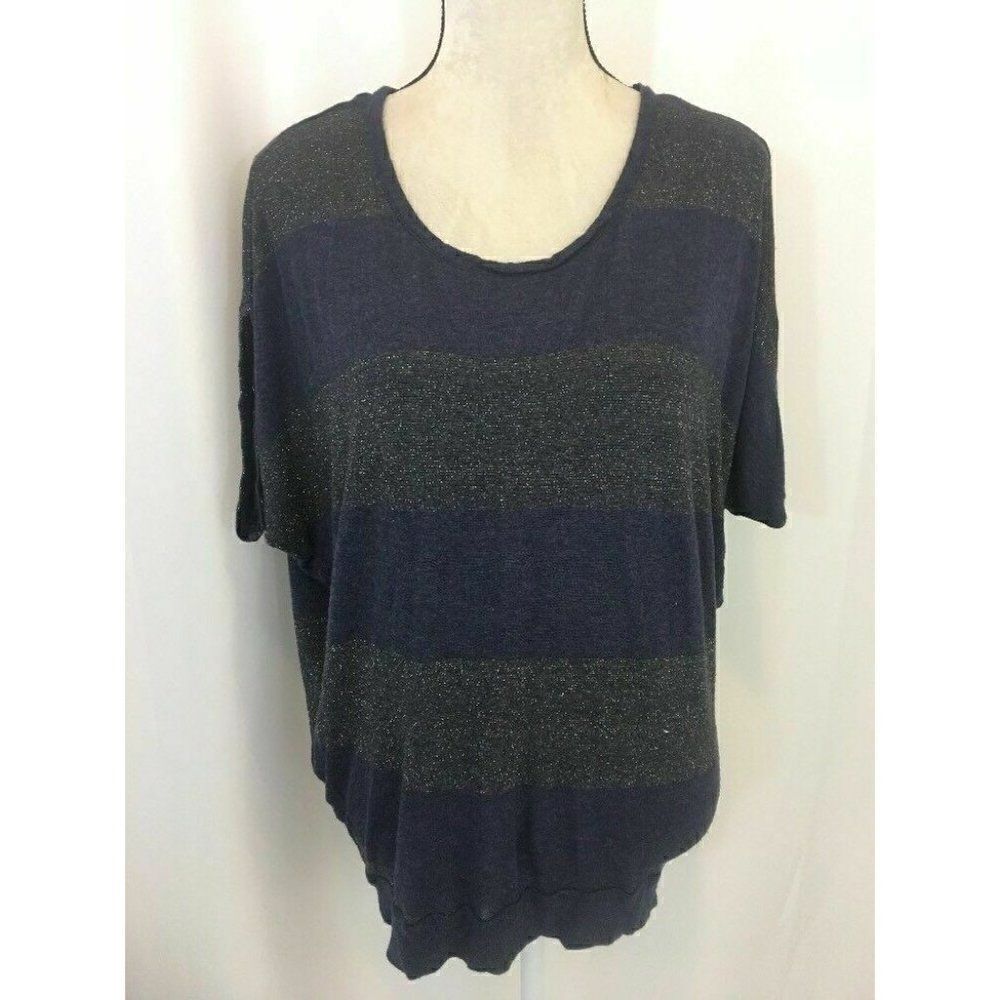 Splendid Womens Navy Blue Silver Metallic Striped Short Sleeve Top Small